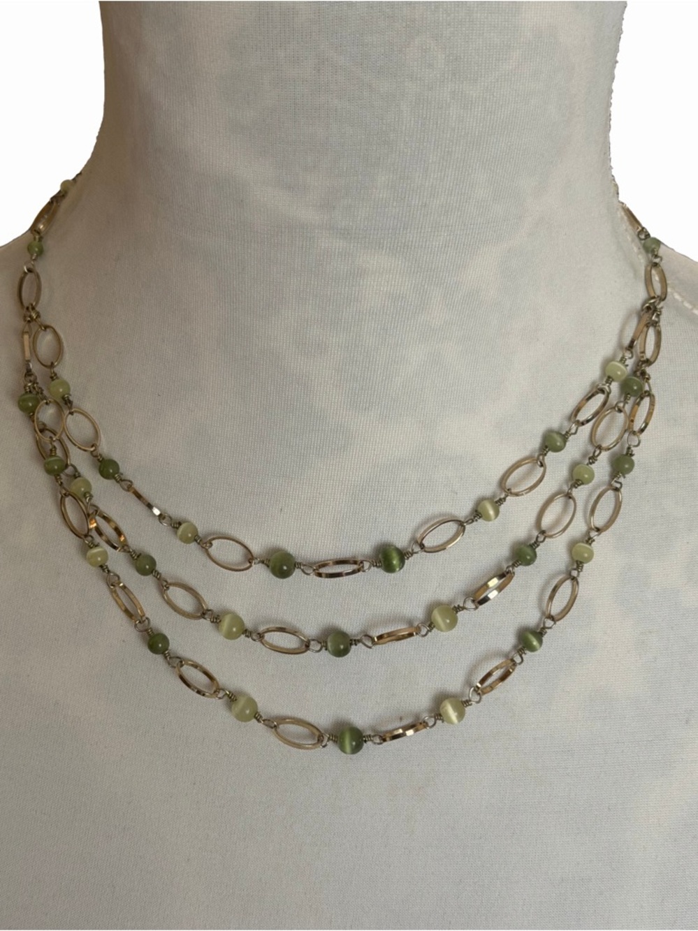 Multi-Strand Cat’s Eye Glass Bead & Gold Tone Chain Necklace | Layered Green